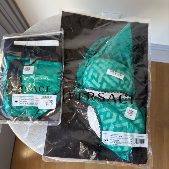VERSACE Greca Signature Tulle Bralette and Briefs Set in Turquoise - Picture 4 of 7